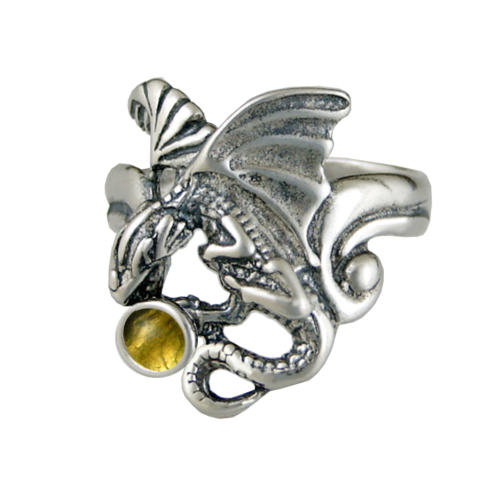 Sterling Silver Detailed Dragon Ring With Citrine Size 6